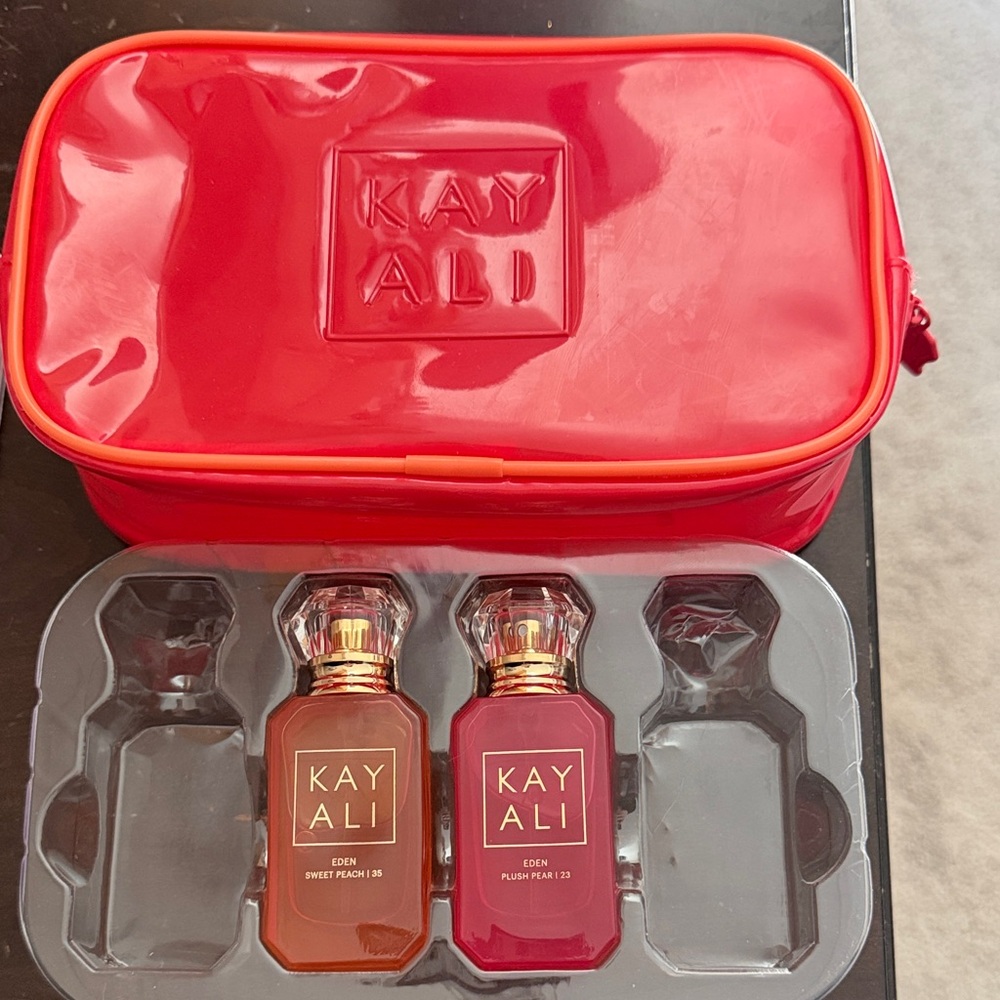 New KAYALI Eden Fragrance Duo (New peach & pear scents) Orange/Red Travel Pouch